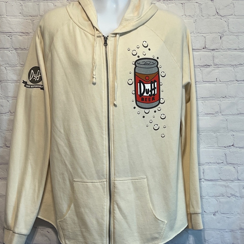 The Simpsons Duff Beer Full Zip Hoodie Sweatshirt Cream Off White 2XL